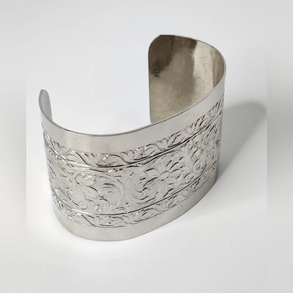 Vintage Silvertone Floral Embossed Wide Cuff Bracelet